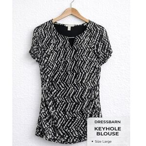 Dressbarn Black White Keyhole Blouse Short Sleeve Lined Size Large